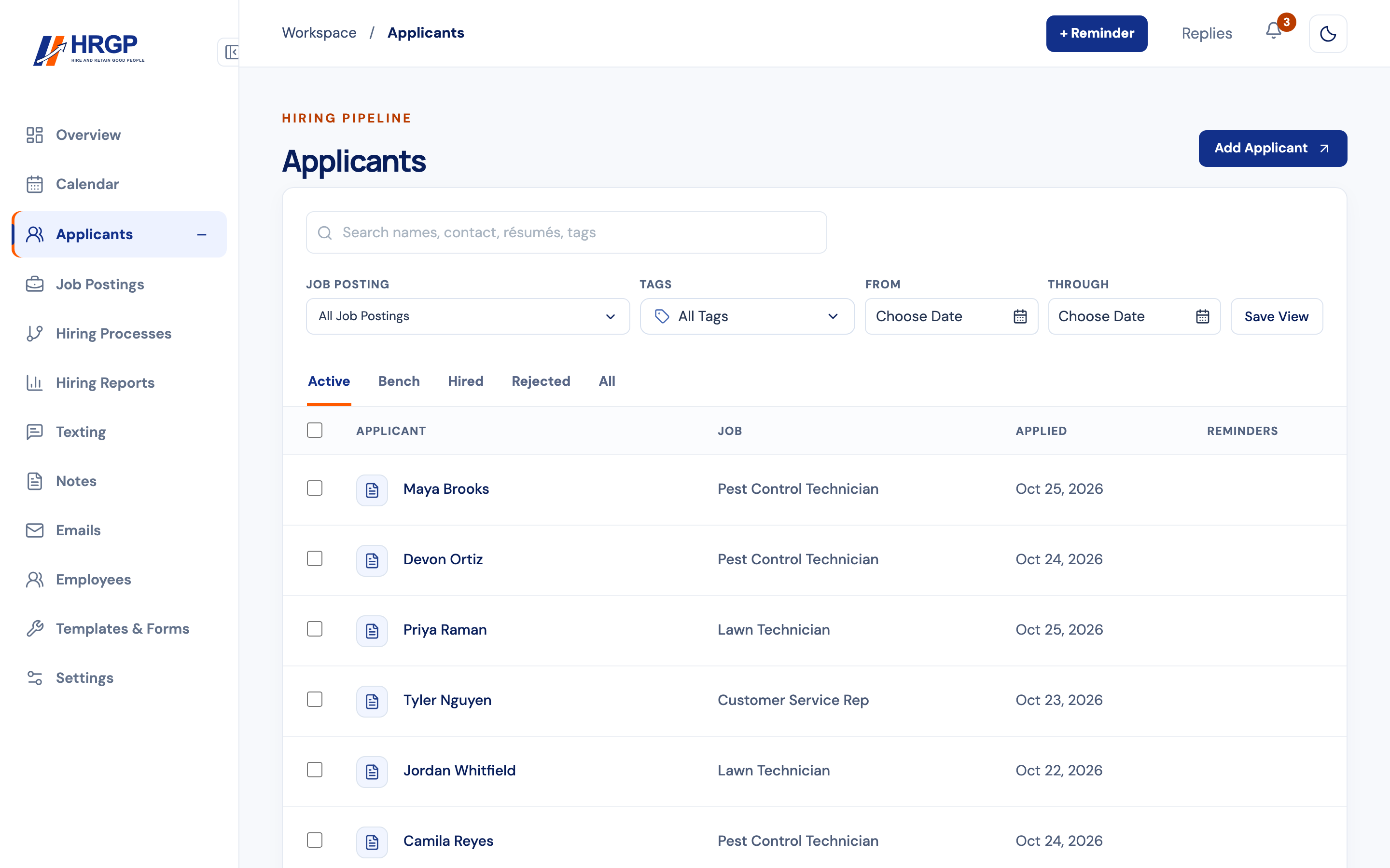 HRGP Applicants page with sample applicants