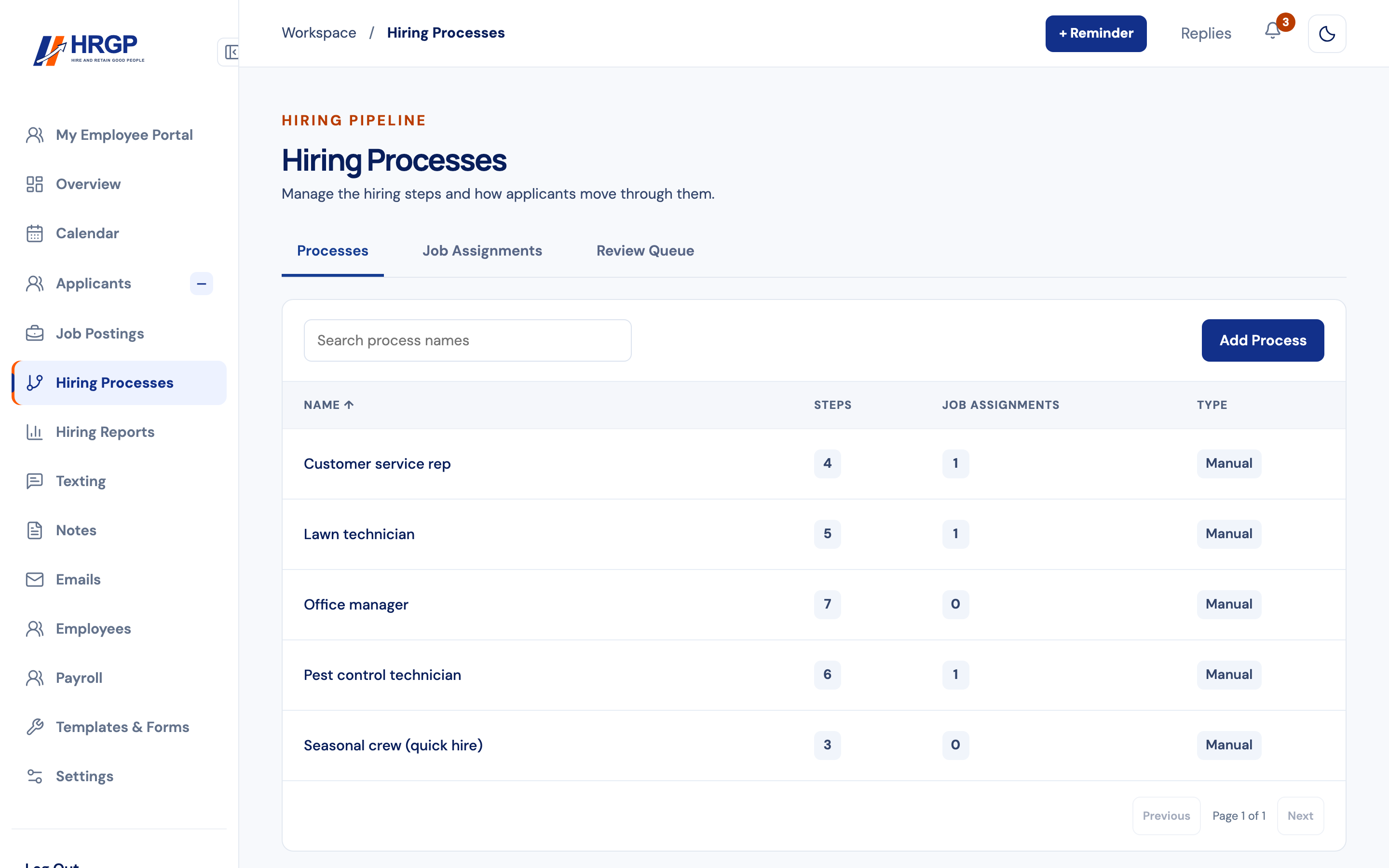 HRGP Hiring Processes page with a sample pest-control hiring process