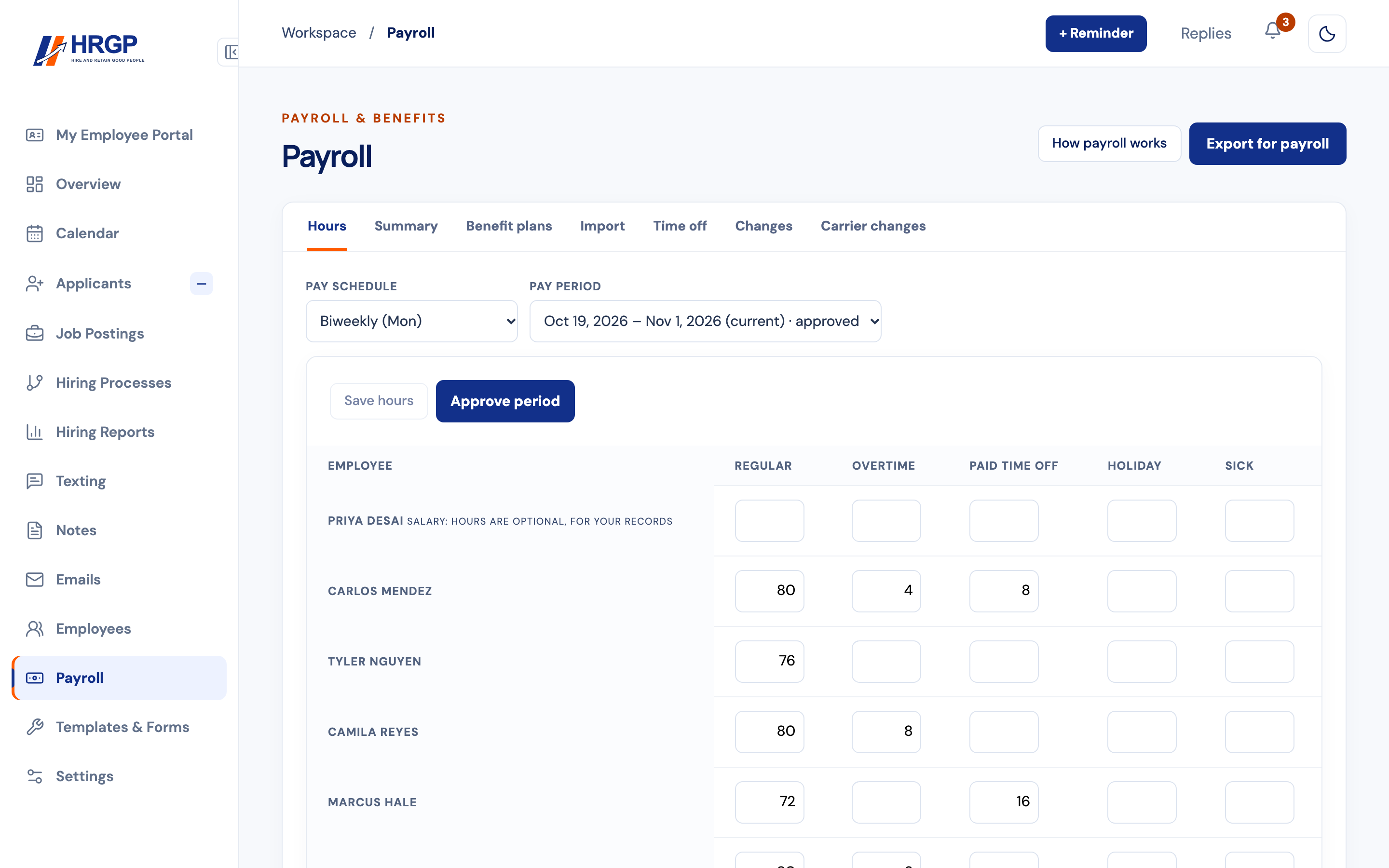 HRGP Payroll page with hours for a pay period and the Why use HRGP for payroll panel