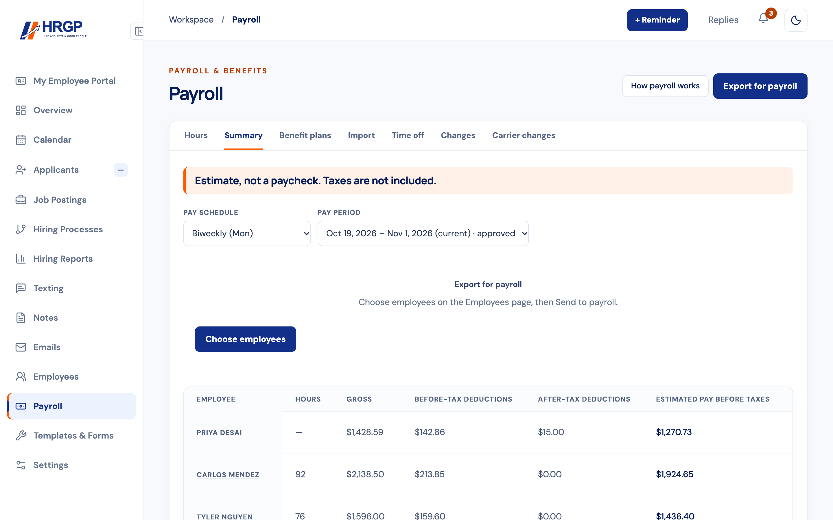 HRGP Payroll Summary with each employee's estimated pay