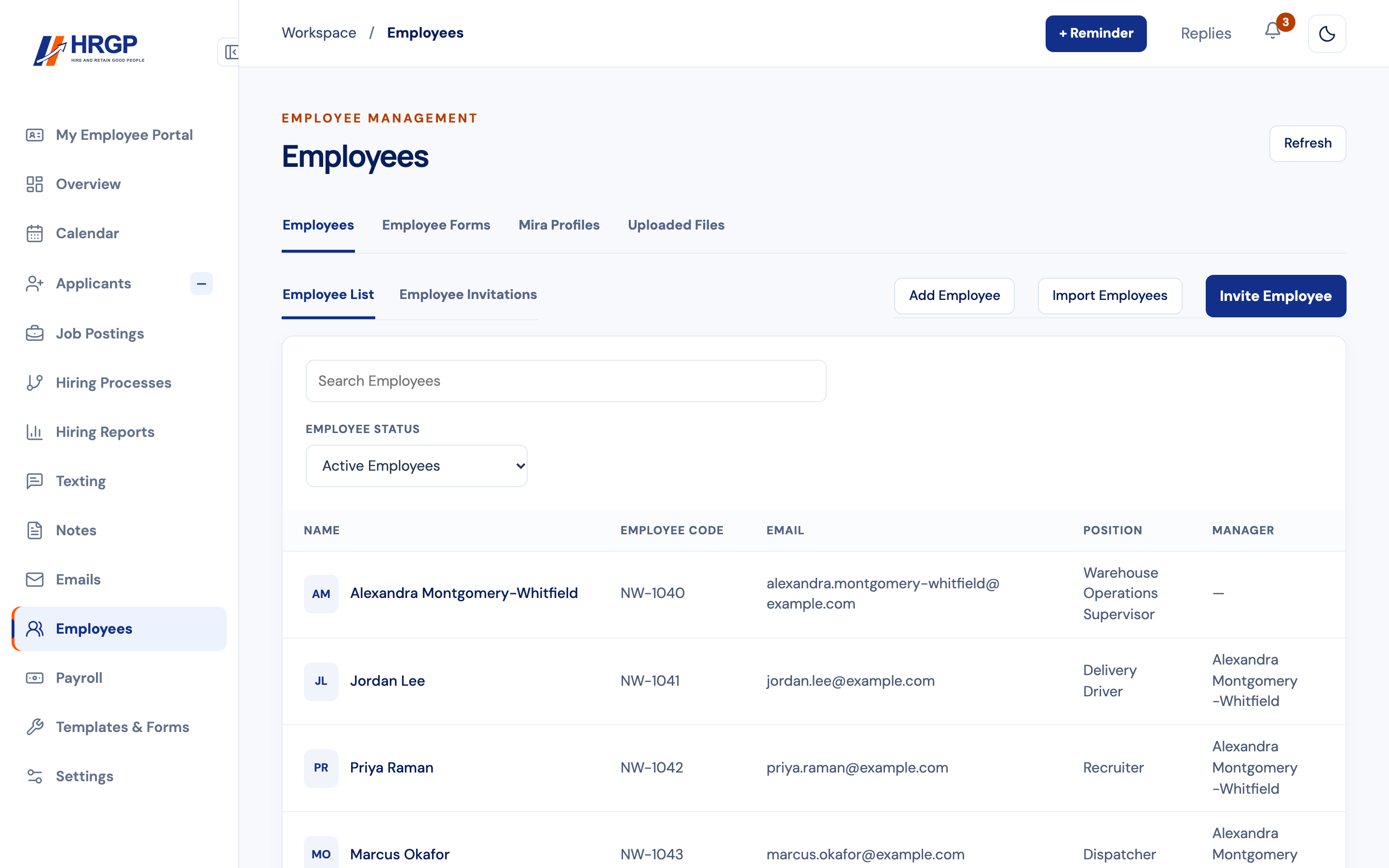HRGP Employees list with the Send to payroll choices