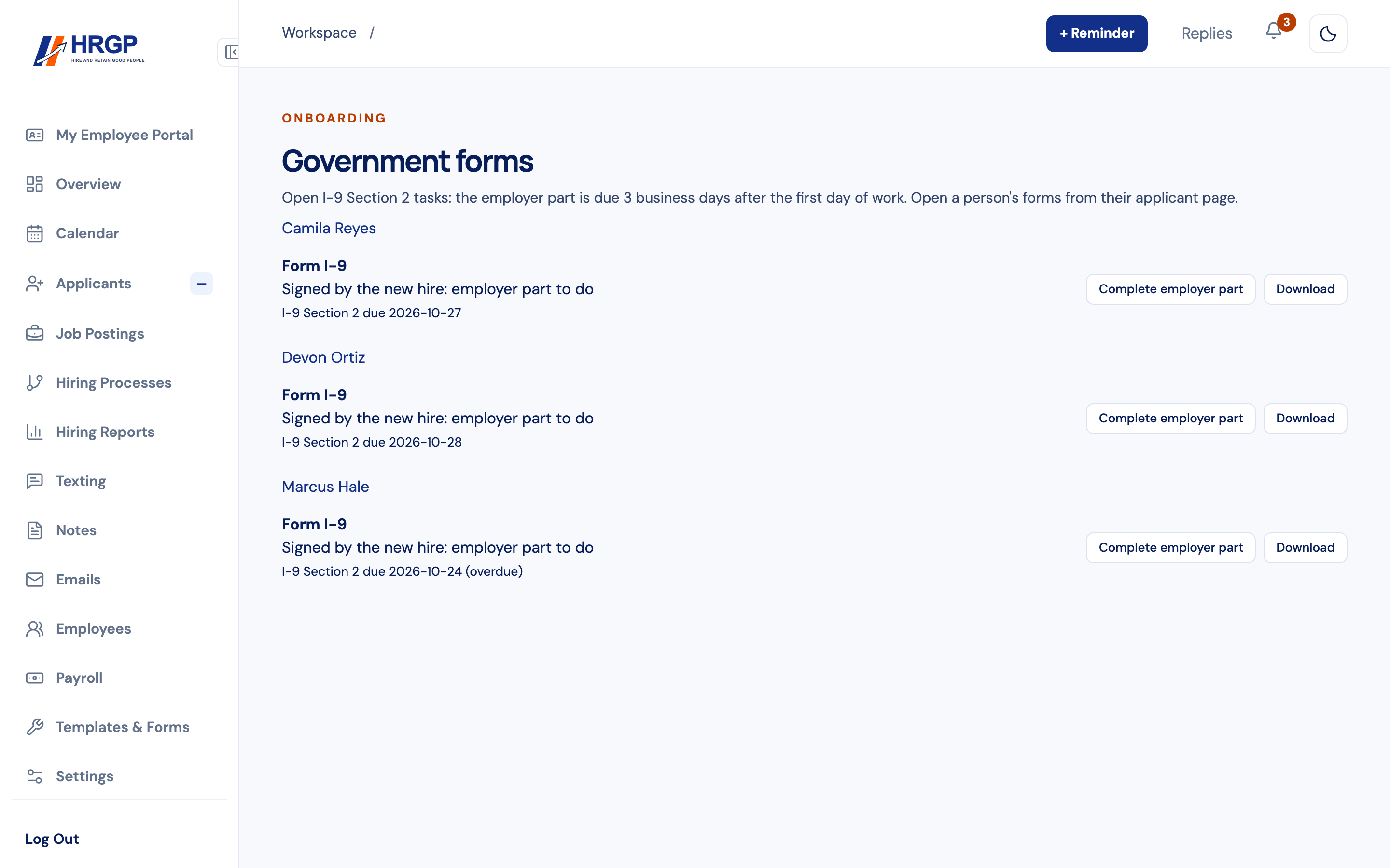 HRGP Government forms page with open I-9 Section 2 tasks and due dates