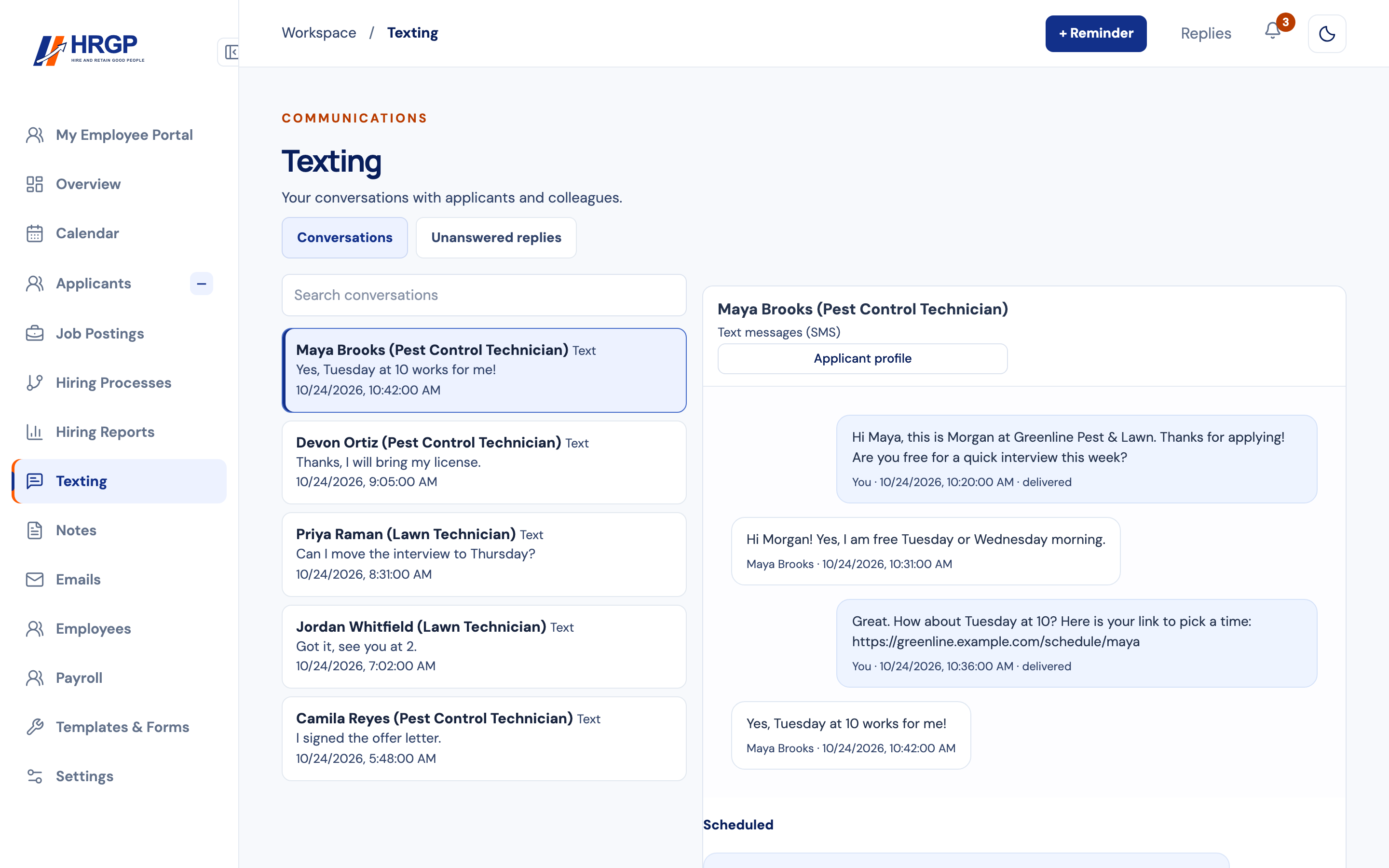 HRGP Texting with a conversation confirming an interview time