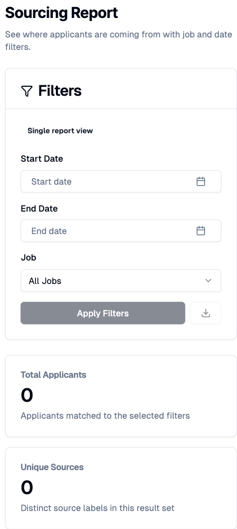 Sourcing Report with filters and analytics